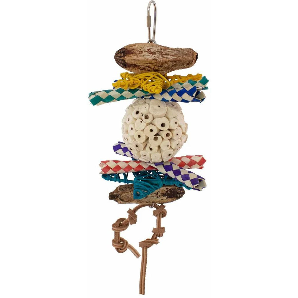 Super Bird Creations Sola Ball Delight Bird toy with natural elements and colorful checkered fabric on a white background