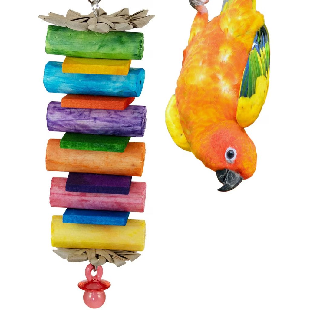 Super Bird Creations Sola Balsa Stack bird toy with a parrot perched on it against a white background