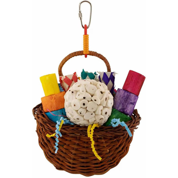 Super Bird Creations Sola Party Basket pet toy with a wicker basket, beads, and various textures on a white background