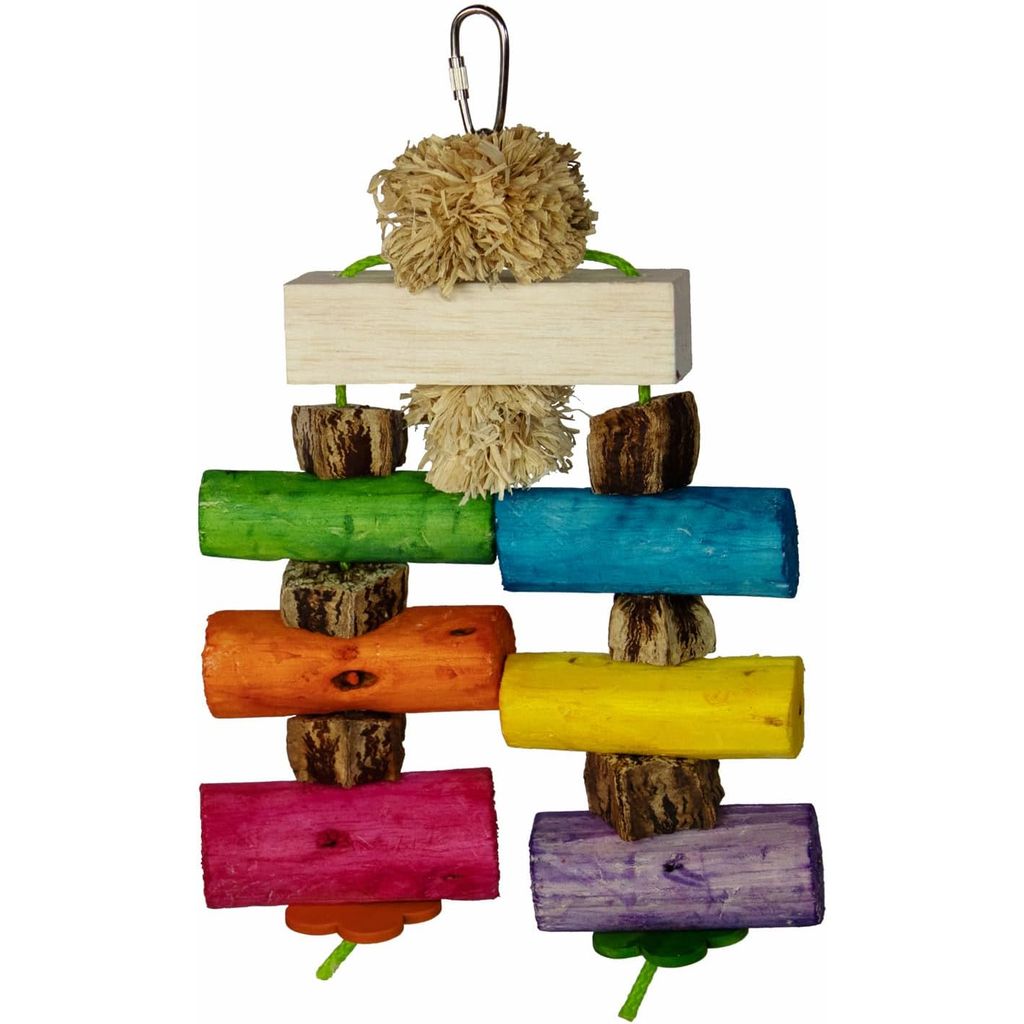CSuper Bird Creations Sola Surprise orful bird toy with wooden blocks and a pom-pom on a white background