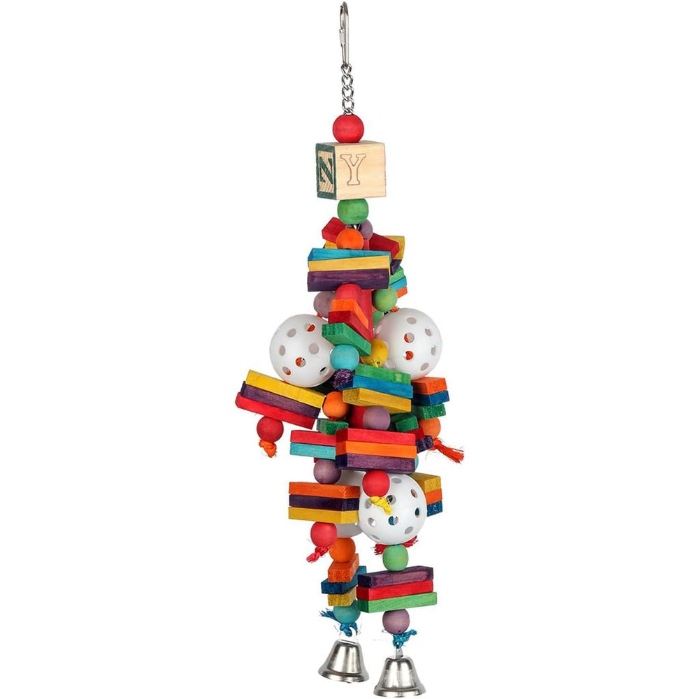 Super Bird Creations Wally's Wonder bird toy with blocks and bells on a white background