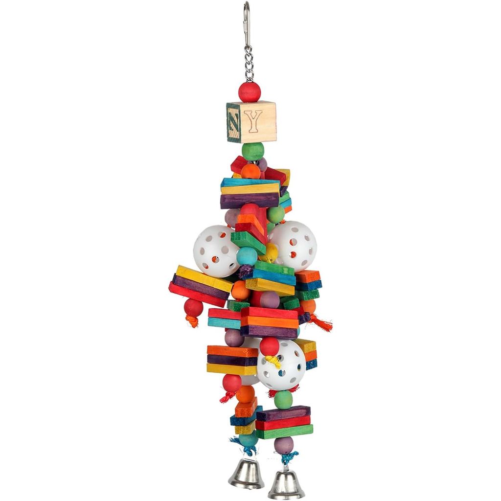 Super Bird Creations Wally's Wonder bird toy with blocks and bells on a white background