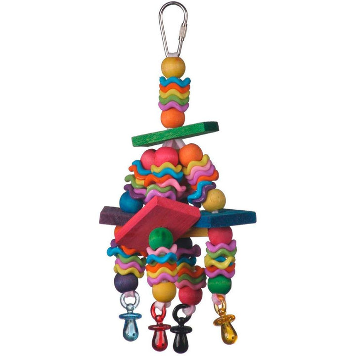 Colorful bird toy (Super Bird Creations Wiggles & Wafers) with various shapes and textures on a white background