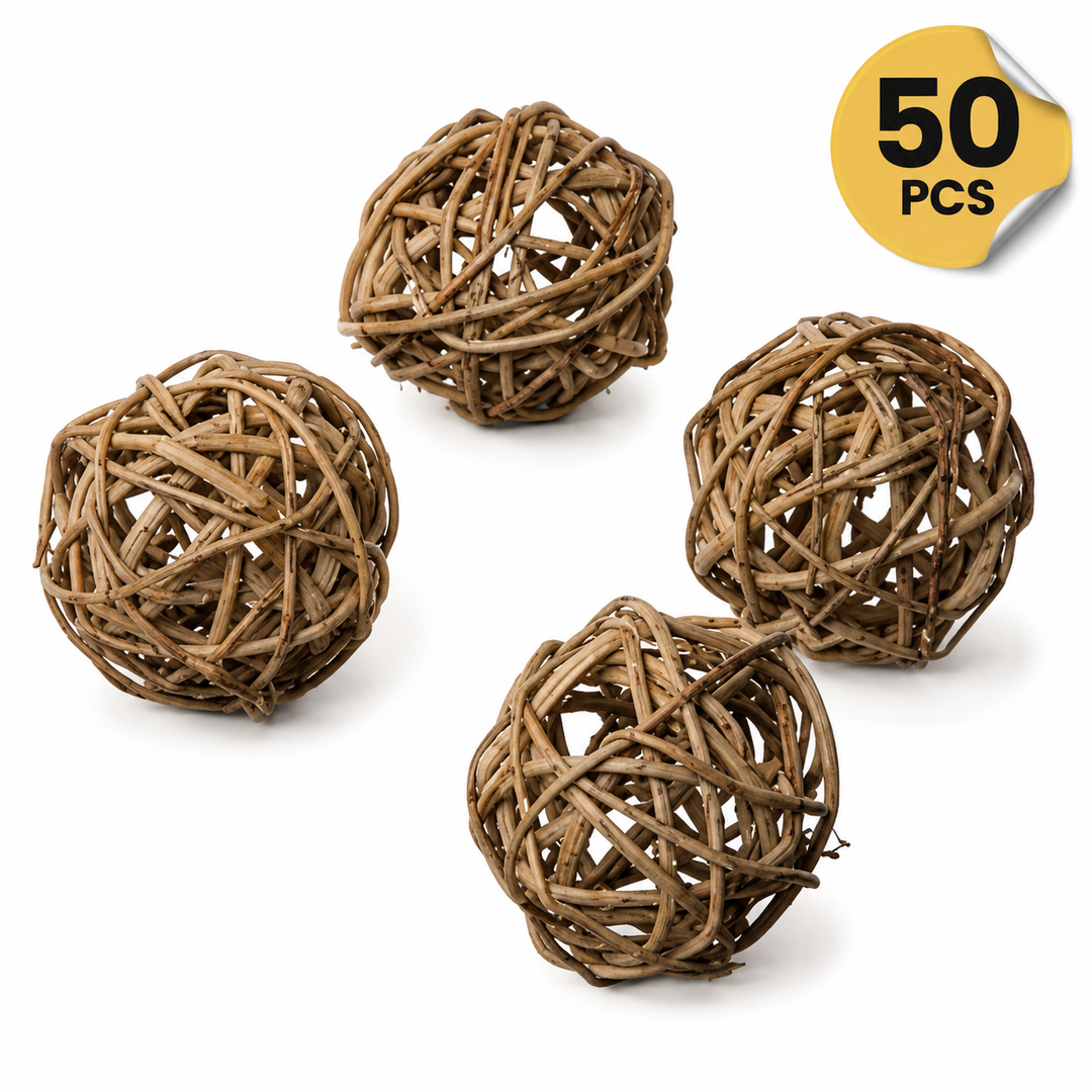 Four woven Super Bird Creations 4 cm Munch balls on a white background with a '50 PCS' label on a white background