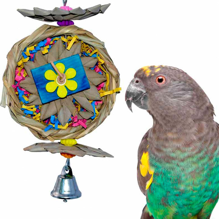 Super Bird Creations Beakwhich Bird toy with colorful feathers and a parrot on a white background