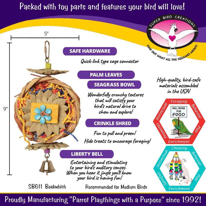 Super Bird Creations Beakwhich Bird toy with features and specifications on a colorful background