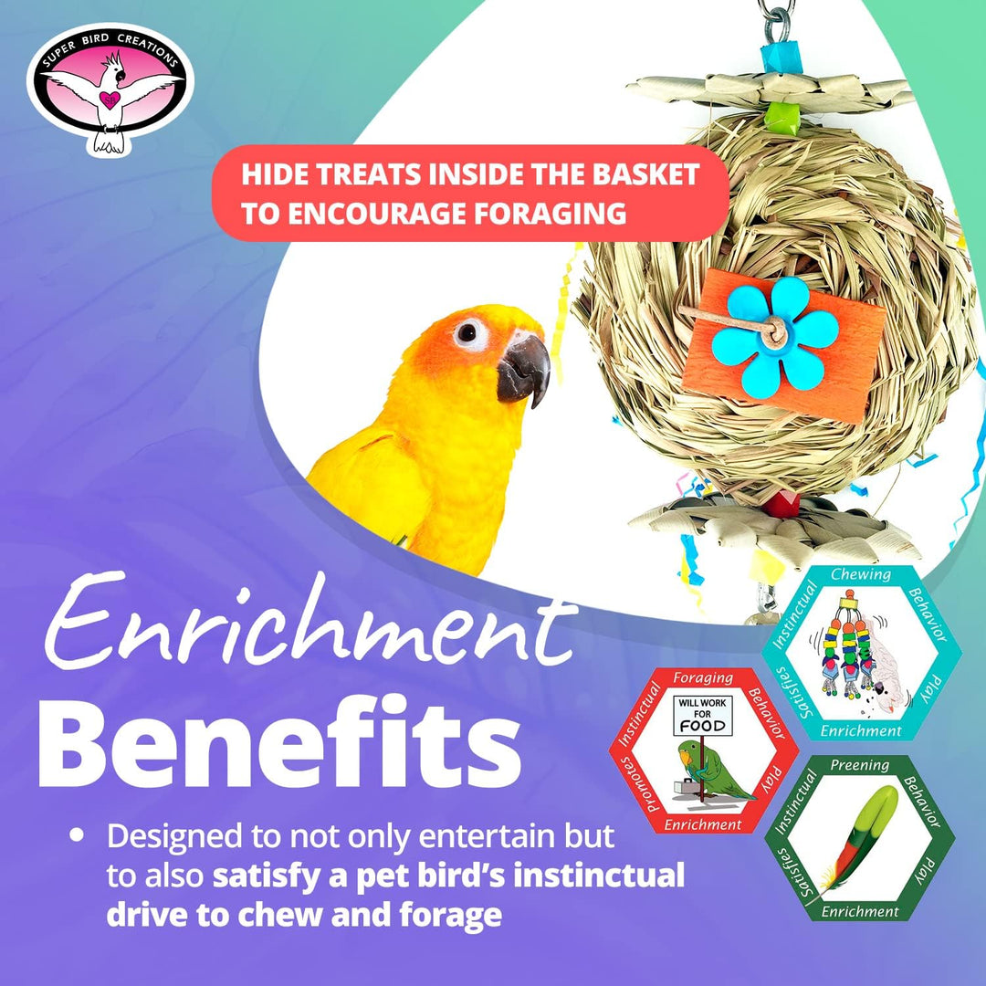 Super Bird Creations Beakwhich Bird toy with a basket and treats, featuring a parrot and text about enrichment benefits.