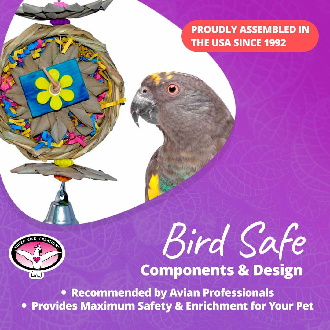 Super Bird Creations Beakwhich toy with colorful components and a parrot on a purple background, featuring text about assembly location and safety.