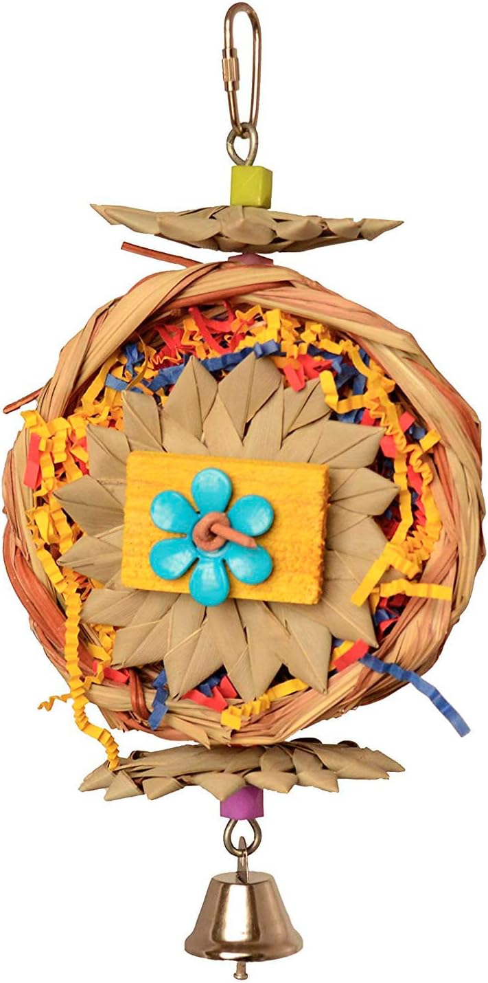 Decorative bird toy (Super Bird Creations Beakwhich) with woven design, colorful elements, and a bell on a white background
