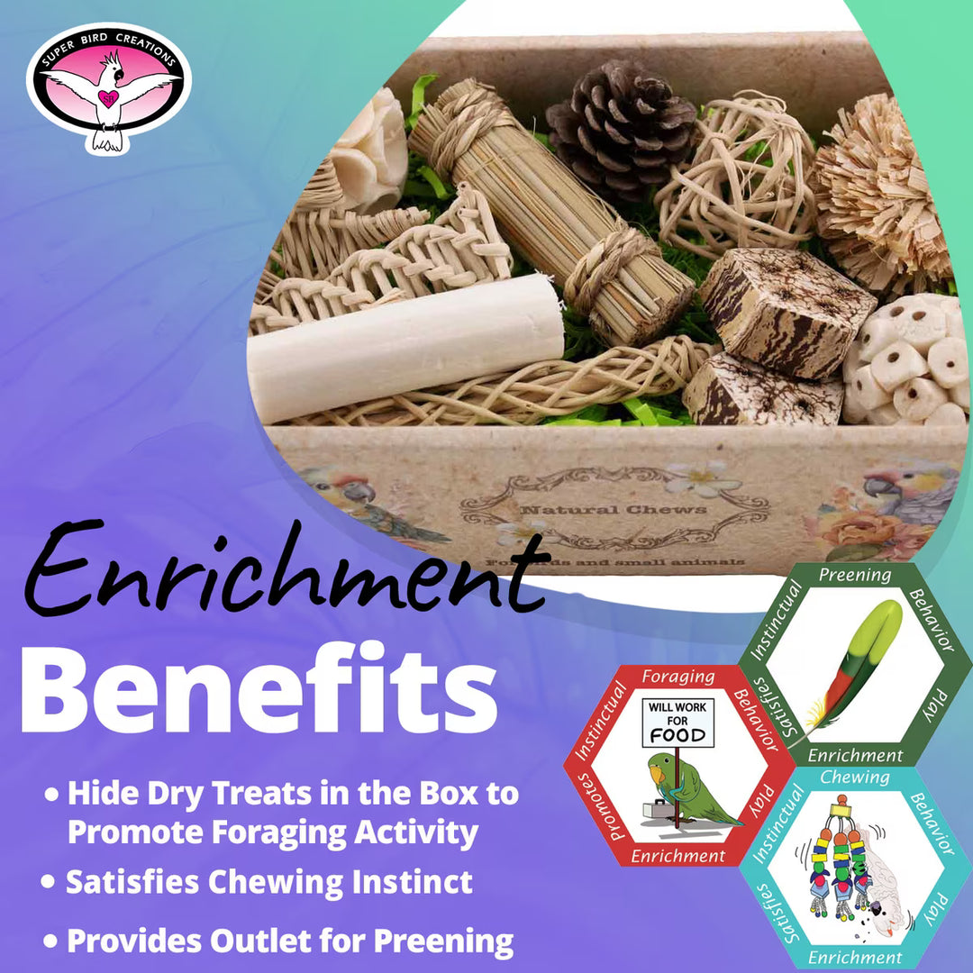 Box of natural chew toys with text about enrichment benefits on a blue background