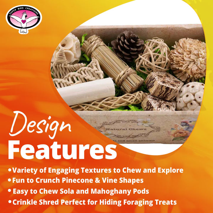 Assorted natural chew toys with text on an orange background