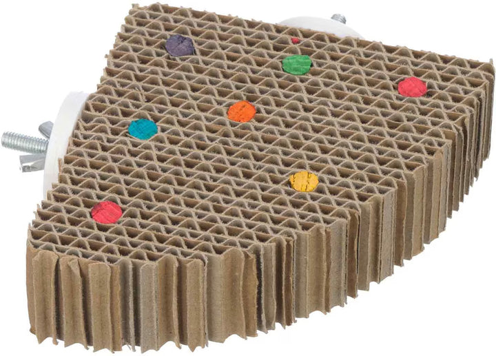 Super Bird Creations Corner Cardboard Treat Block with colorful stickers on a white background