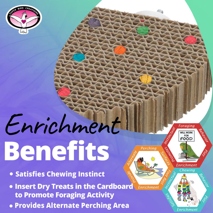 Super Bird Creations Corner Cardboard Treat Block with colorful dots and text about its benefits on a gradient background.