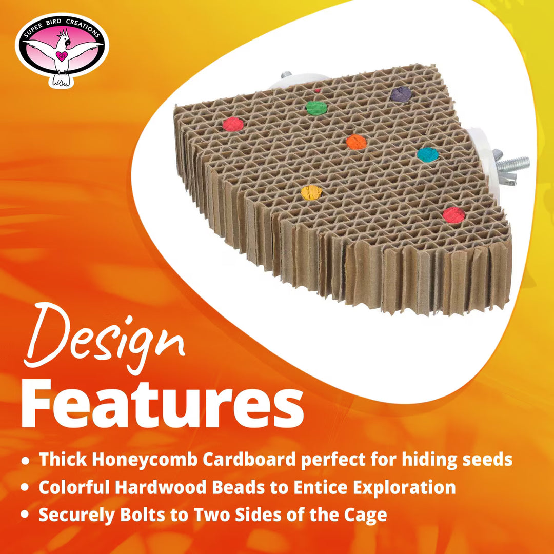 Super Bird Creations Corner Cardboard Treat Block bird toy with colorful beads on an orange background