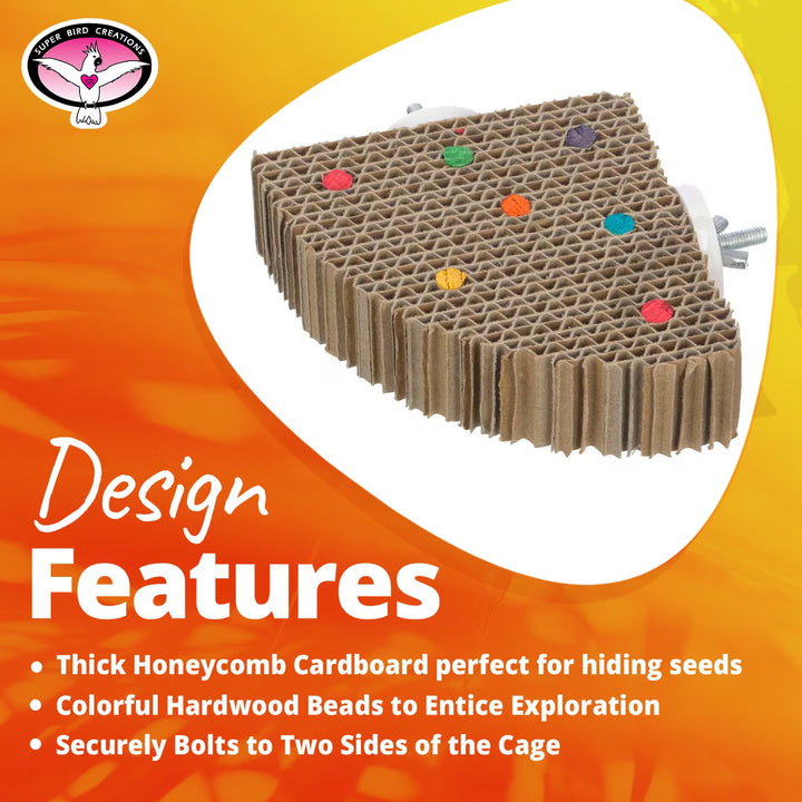 Super Bird Creations Corner Cardboard Treat Block bird toy with colorful beads on an orange background