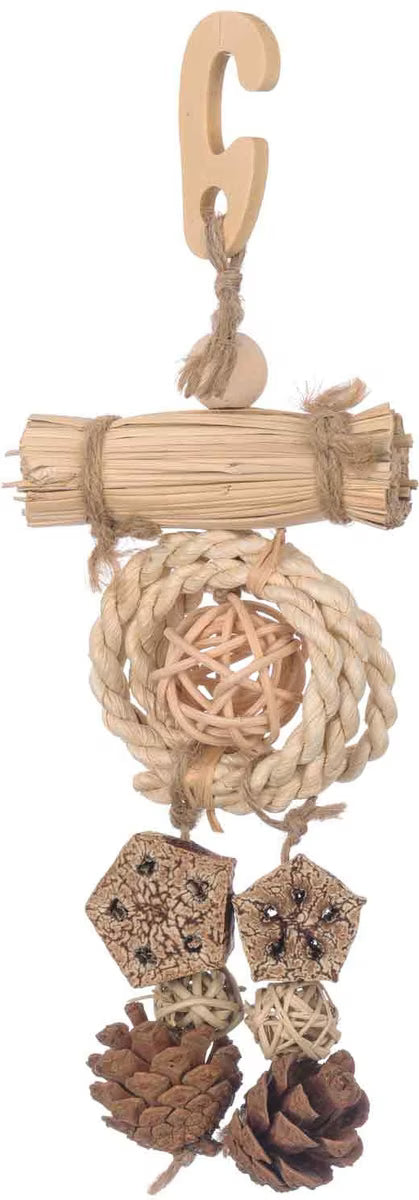 Decorative hanging bundle with twigs, pinecones, and a small ball on a white background
