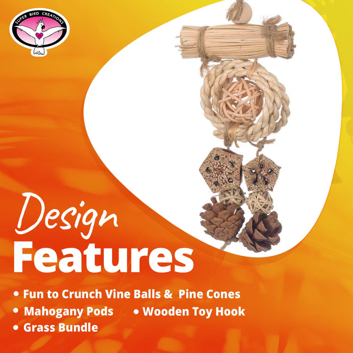 Decorative bird toy with vine balls, pine cones, and a wooden hook on an orange background.