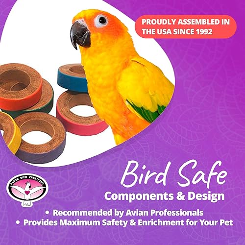 Yellow parrot with bird-safe products on a purple background, featuring text about assembly and safety.