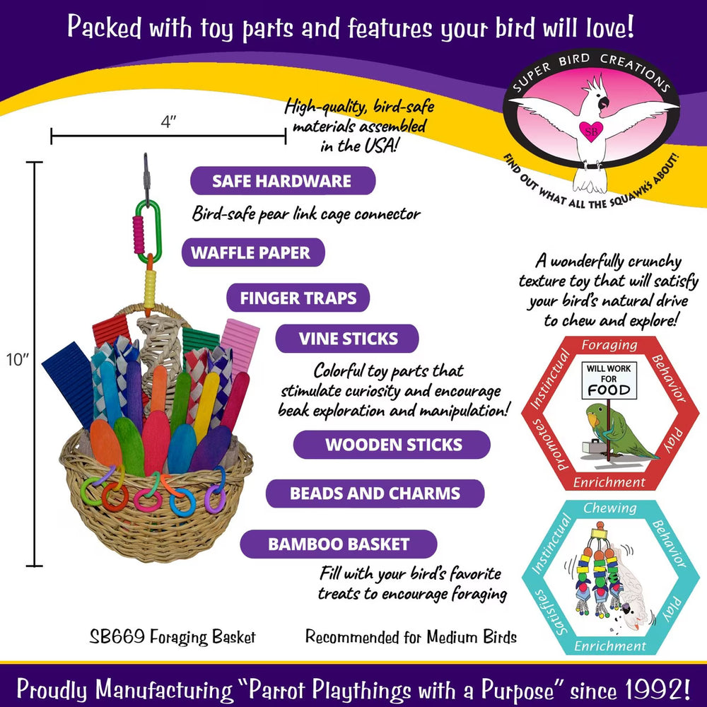 Super Bird Creations foraging basket with colorful toy parts and features, including dimensions and material details.