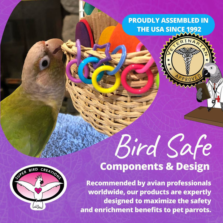 Super Bird Creations Foraging Basket with colorful rings near a parrot, branded as 'Super Bird Creations' with text about product safety and approval.