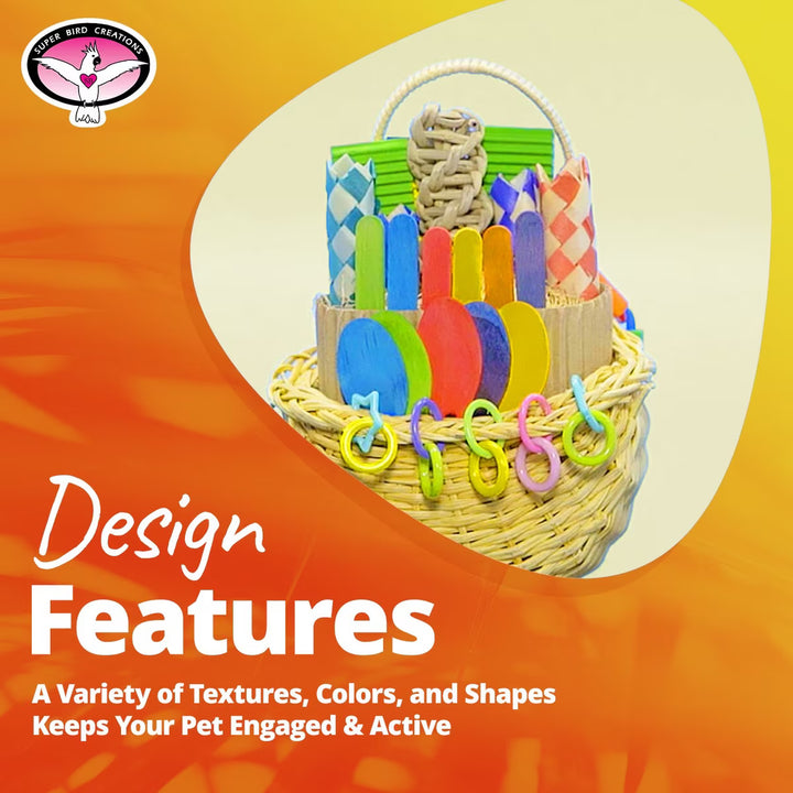 Colorful Super Bird Creations Foraging Basket with text about design features on an orange and yellow background.