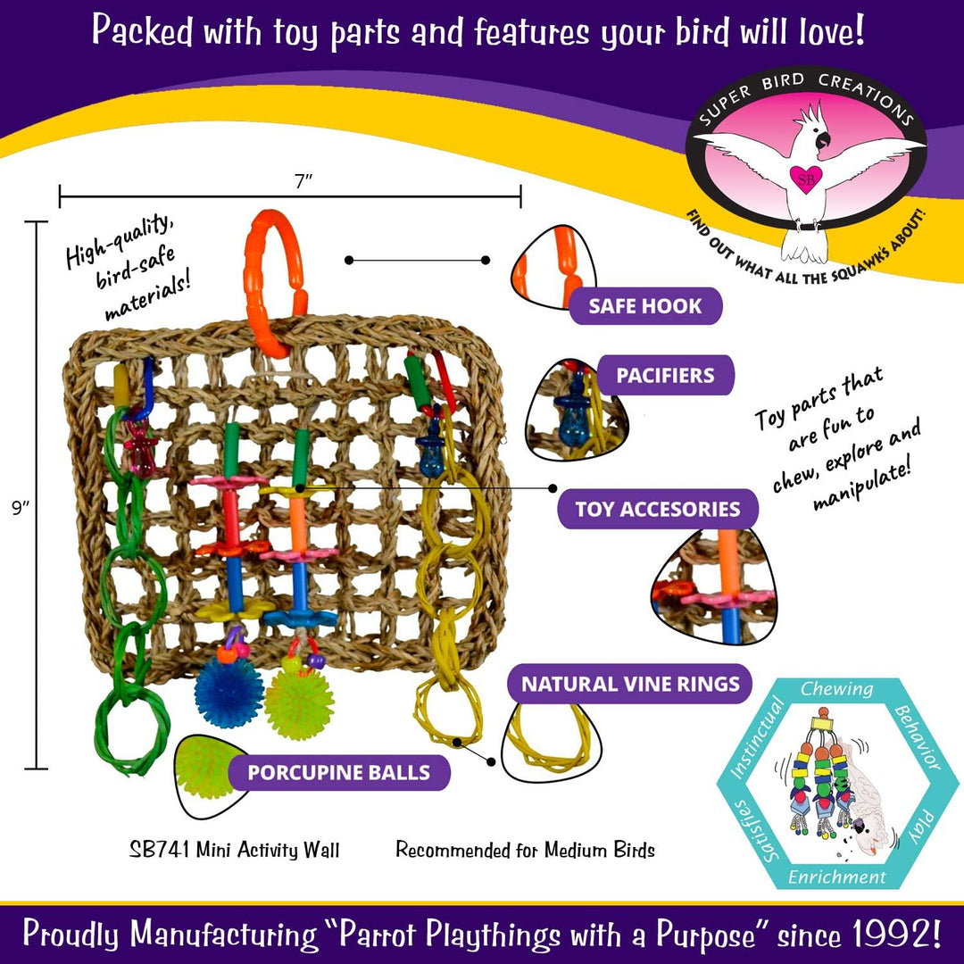 Super Bird Creations Mini Activity Wall with various components and features, including text about materials and safety.