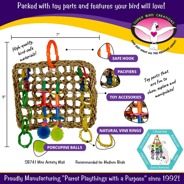 Super Bird Creations Mini Activity Wall with various components and features, including text about materials and safety.