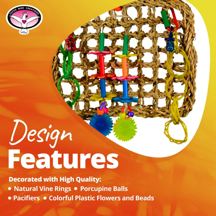 Super Bird Creations Mini Activity Wall with colorful attachments on an orange background