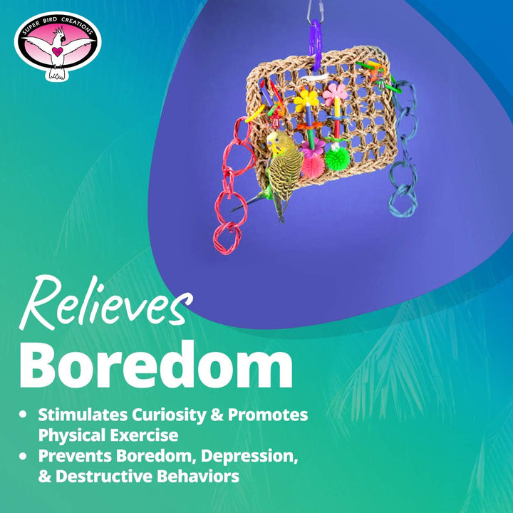 Super Bird Creations Mini Activity Wall with colorful beads and a chain, against a blue and green gradient background.