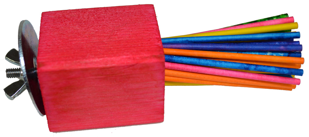 Red paper towel holder with colorful straws on a white background
