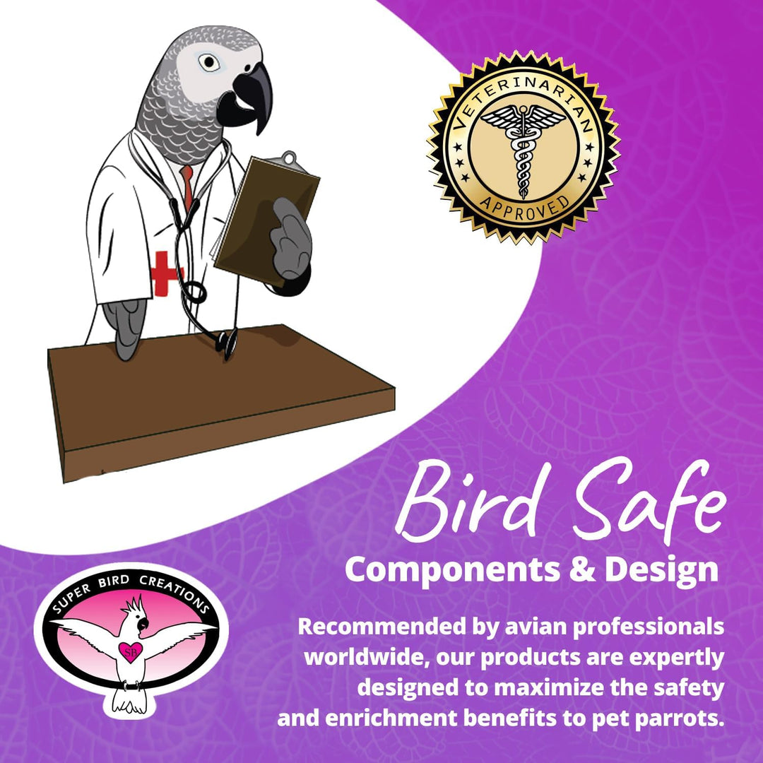 Cartoon parrot in a doctor's outfit with a stethoscope and clipboard on a purple background, featuring a 'Veterinary Approved' seal and text about bird-safe products.
