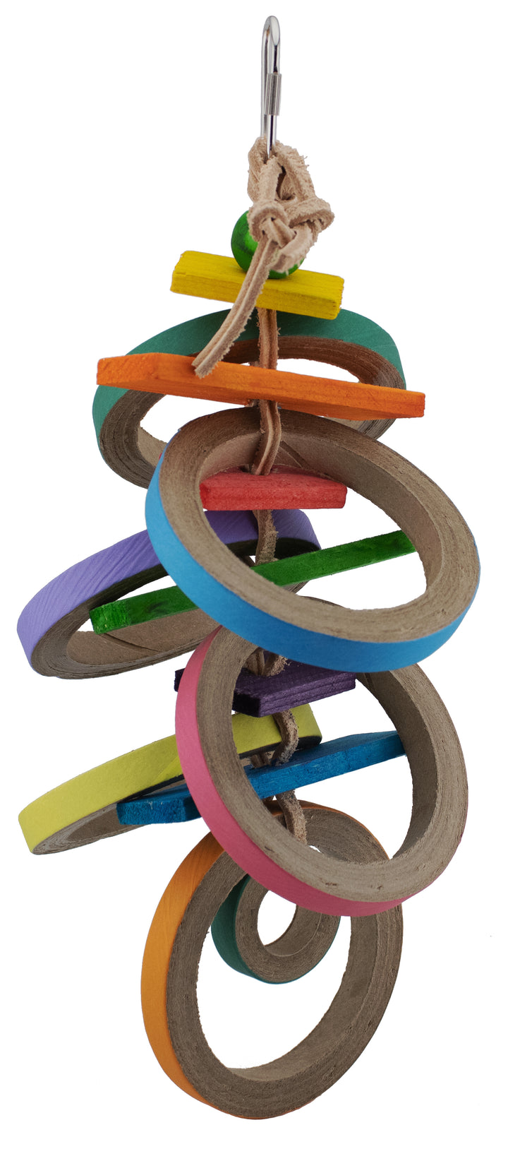 Colorful bird toy Super Bird Creations Olympic Rings with cardboard rings on a white background
