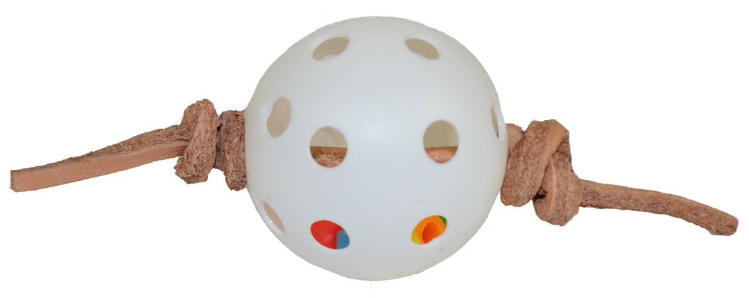 White bead with holes and colorful accents on a brown rope against a white background