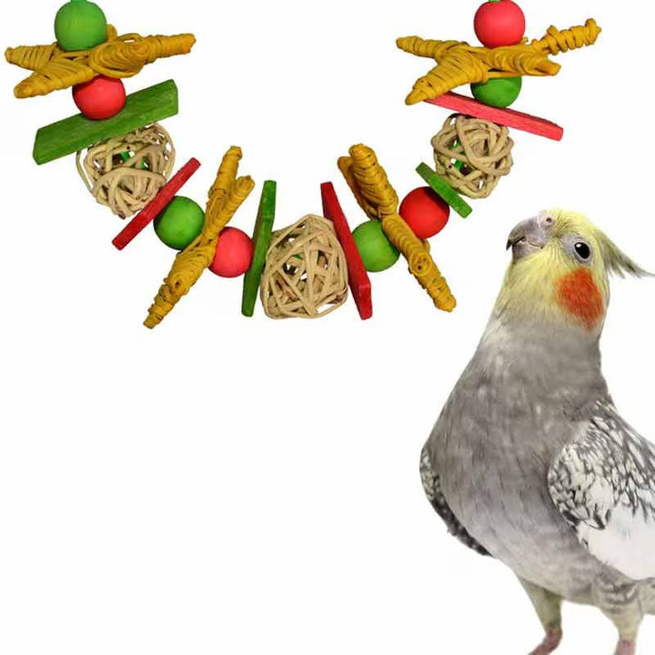 Super Bird Creations Small Xmas Garland Bird toy with colorful elements and a parrot on a white background
