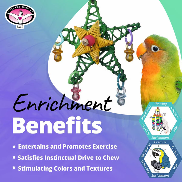Super Bird Creations Xmas Star Bird toy with star and beads next to a parrot, featuring 'Enrichment Benefits' text on a colorful background.