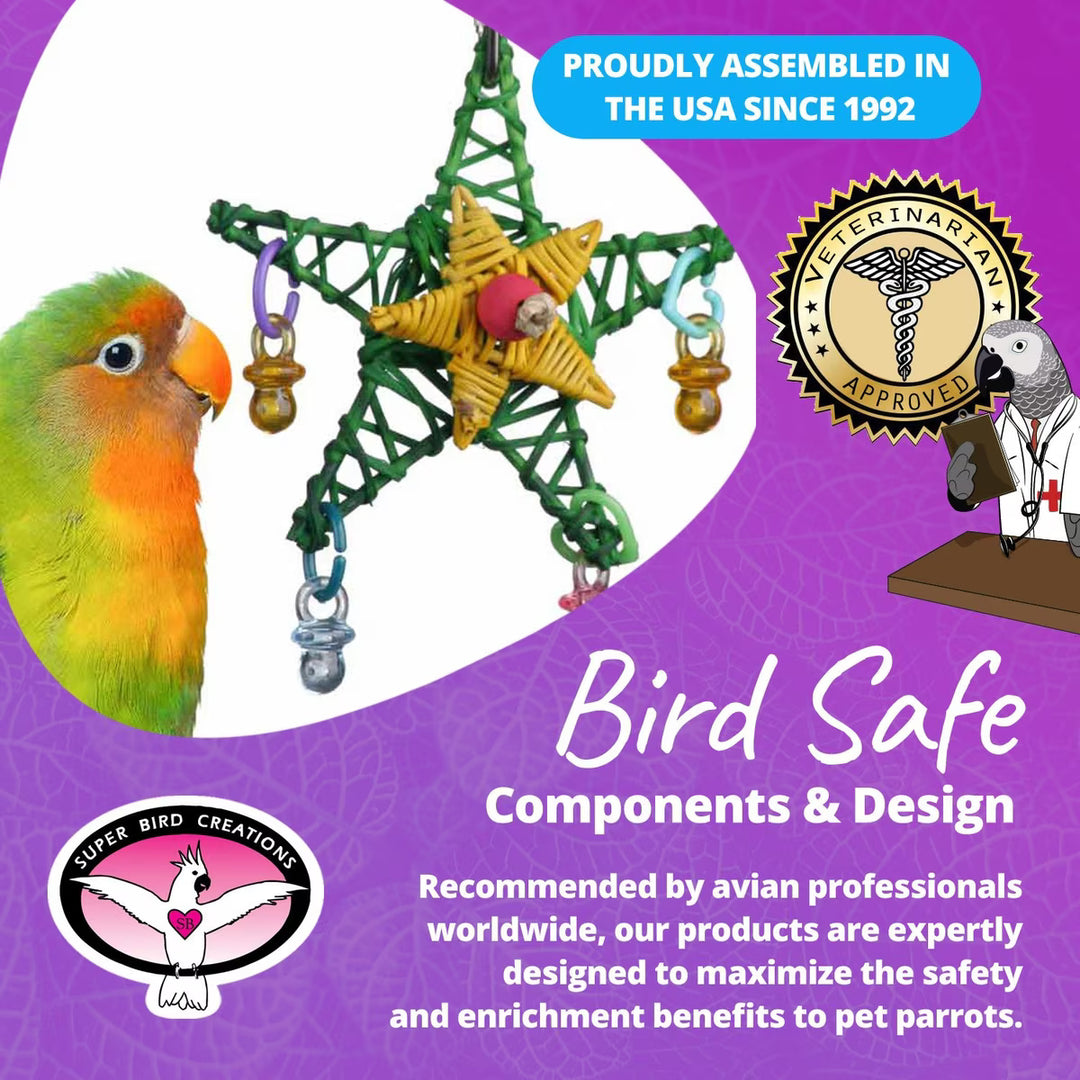 Super Bird Creations Xmas Star Bird toy with star-shaped component on a purple background, featuring text about assembly location and approval.