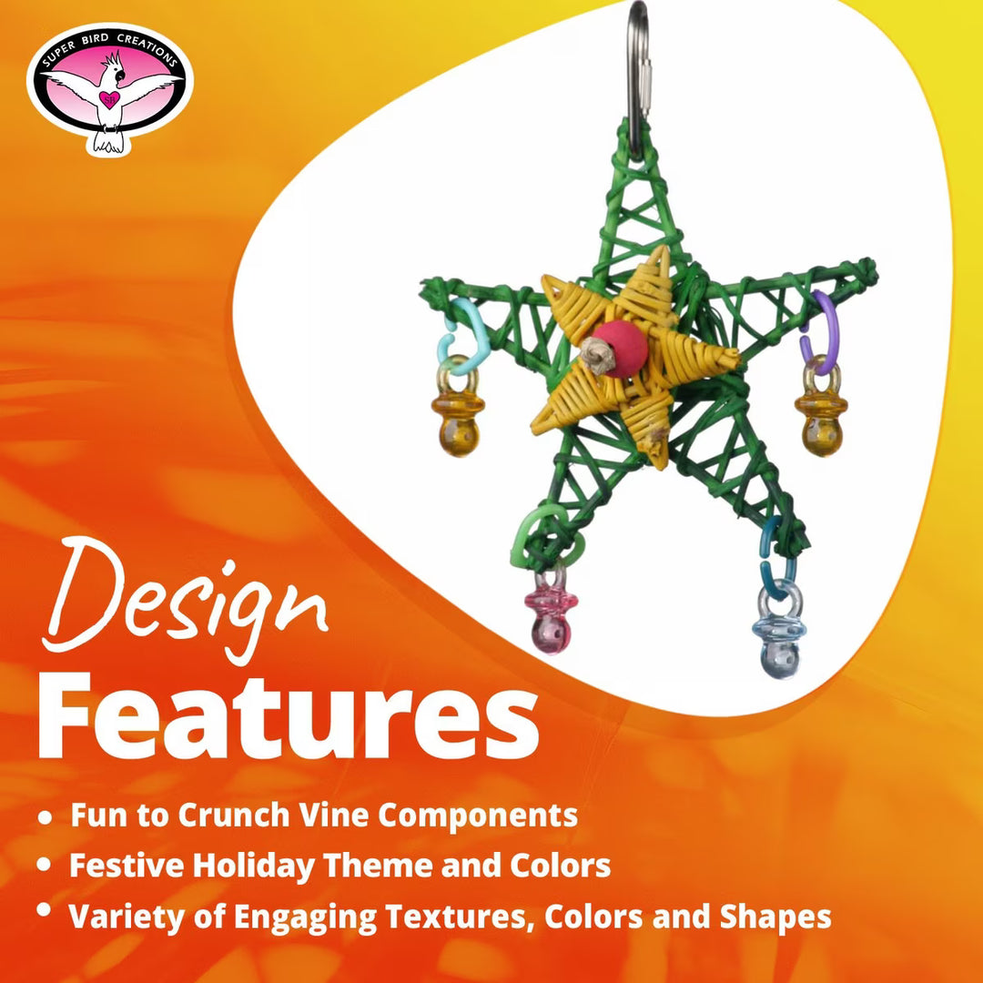 Super Bird Creations Xmas Star toy with colorful components on an orange background, featuring text about design features.