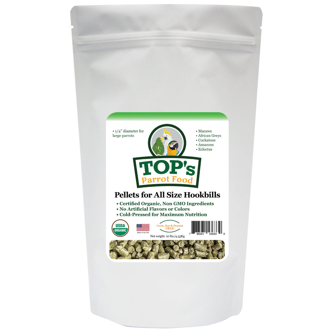 TOP10-TOPs-Parrot-Food-Parrot-Pellets-10-lb-front-new-look-organic-non-gmo-ingredients