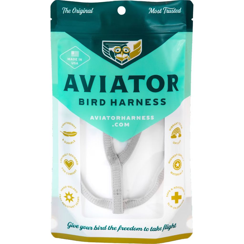 Aviator bird harness XXL silver packaging with teal and white design
