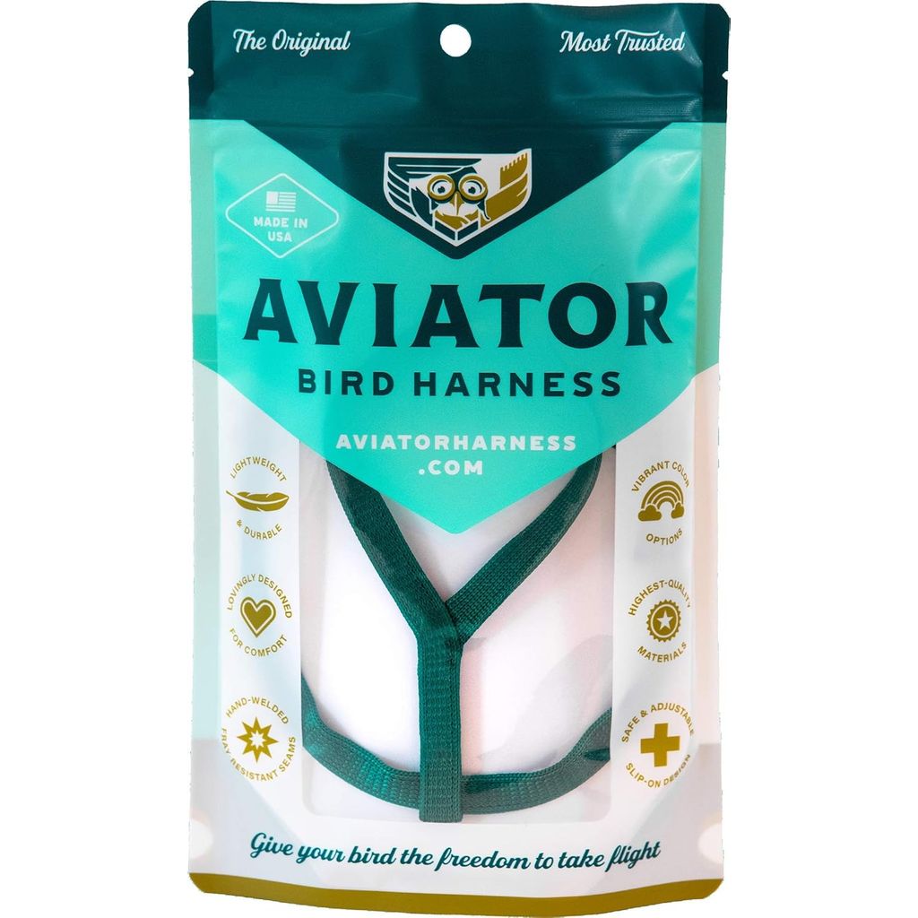 Aviator bird harness green packaging with teal strap and brand logo on a white background