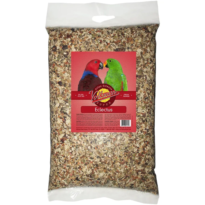 Bag of Volkman Avian Science Super Eclectus Bird Food, 20 lb with a label featuring two parrots on a white background