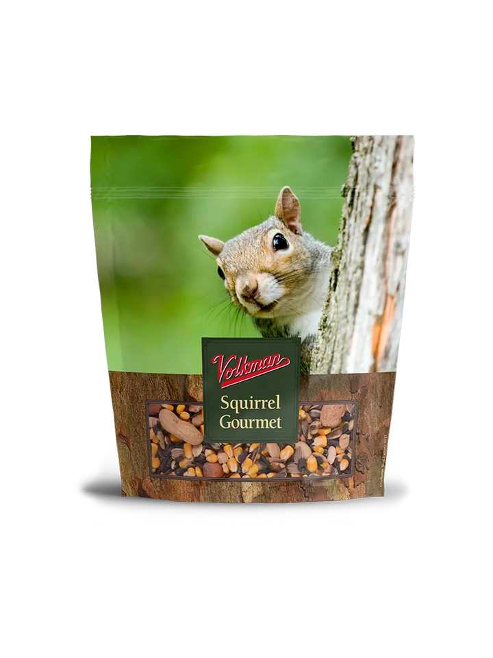 Bag of Volkman Squirrel Gourmet food with a squirrel on the label against a green background