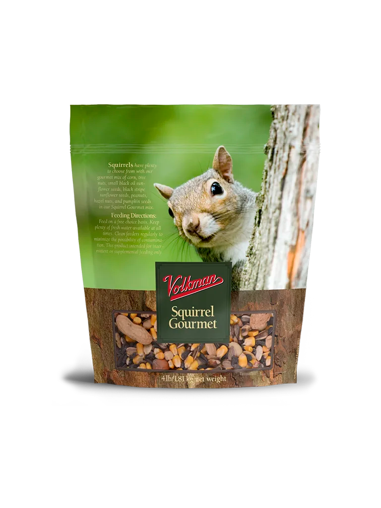 Bag of Volkman Squirrel Gourmet food with a squirrel on a tree trunk
