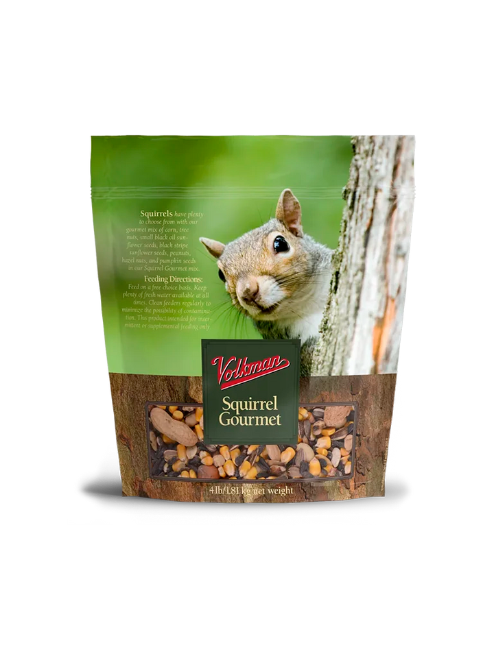 Bag of Volkman Squirrel Gourmet food with a squirrel on a tree trunk