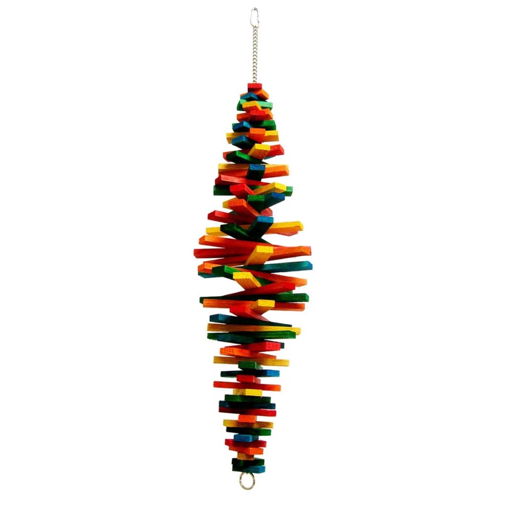 A colorful wooden bird toy hanging vertically, made of many stacked rectangular wooden blocks in red, orange, yellow, green, and blue, with a silver metal hanging loop at the top and bottom - Zoo-Max Cocotte Bird Toy, Large