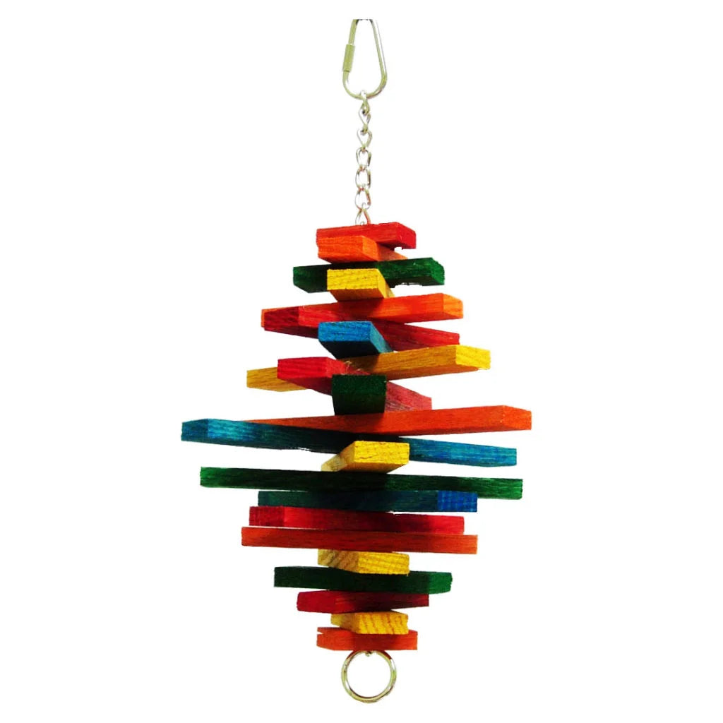 Colorful wooden bird toy shaped like a Christmas tree on a white background - Zoo-Max Cocotte Bird Toy, Small