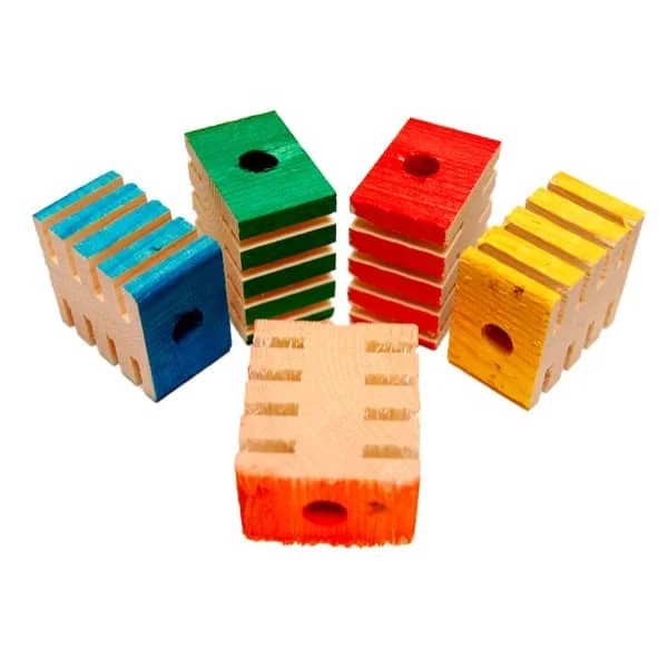 Five colorful wooden blocks with circular holes, shown in blue, green, red, yellow, and orange tones on a plain white background - Zoo-Max Groovy Blocks for Birds