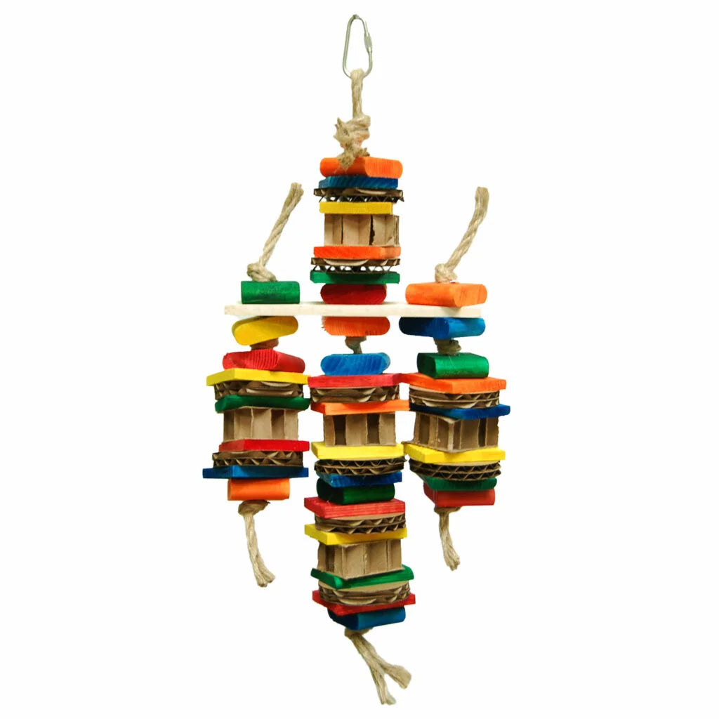 A colorful bird toy made of stacked wooden blocks and painted wooden discs in multiple bright colors, suspended by natural twine with a metal hanging loop at the top, shown against a plain white background- Zoo-Max Picolo Bird Toy, Small