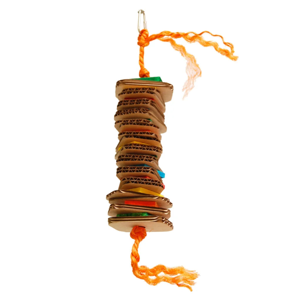 A hanging cardboard toy for pets, featuring a stack of natural wood discs with colorful accents and bright orange yarn hanging from the top and bottom, isolated on a white background - Zoo-Max Slice Shred-X Bird Toy, Medium