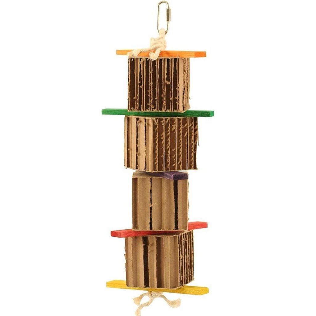 A bird toy made of stacked cardboard tubes with colorful wooden perches in orange, green, red, and yellow, hanging from a metal clip with a rope- Zoo-Max Shred-X Bird Toy